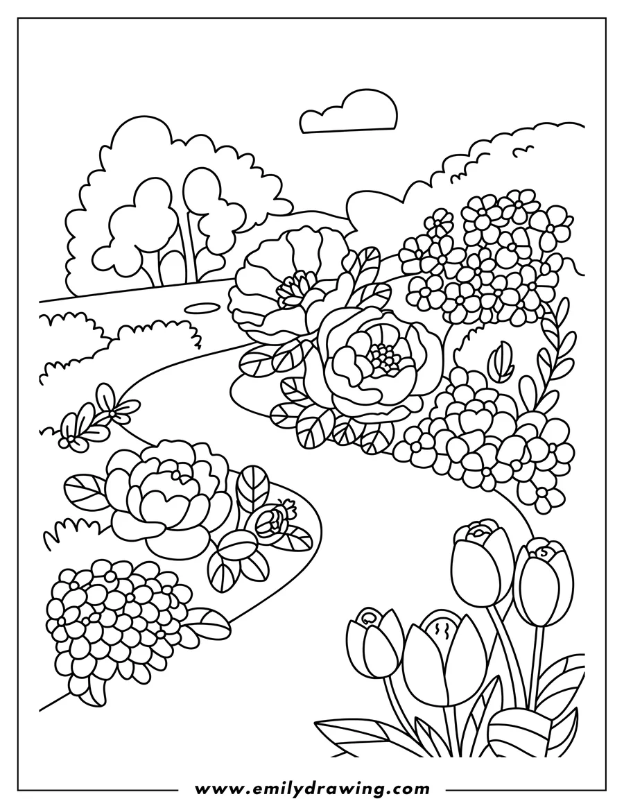 Line art of a garden path winding through various blooming flowers, including large roses and small clustered blossoms, with tulips in the foreground and trees and bushes in the background.