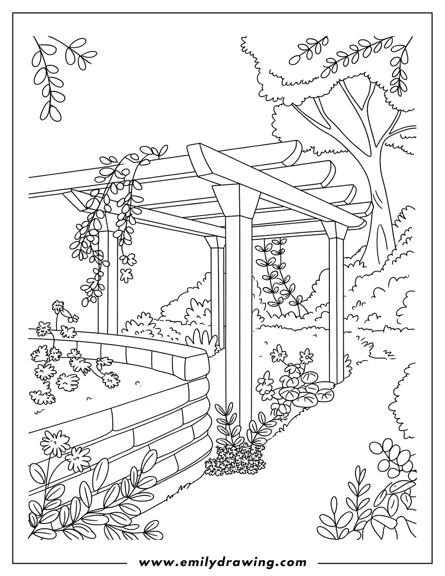 Line art of a garden scene featuring a wooden pergola with climbing vines, a curving stone wall, and various plants and bushes with a large tree in the background.