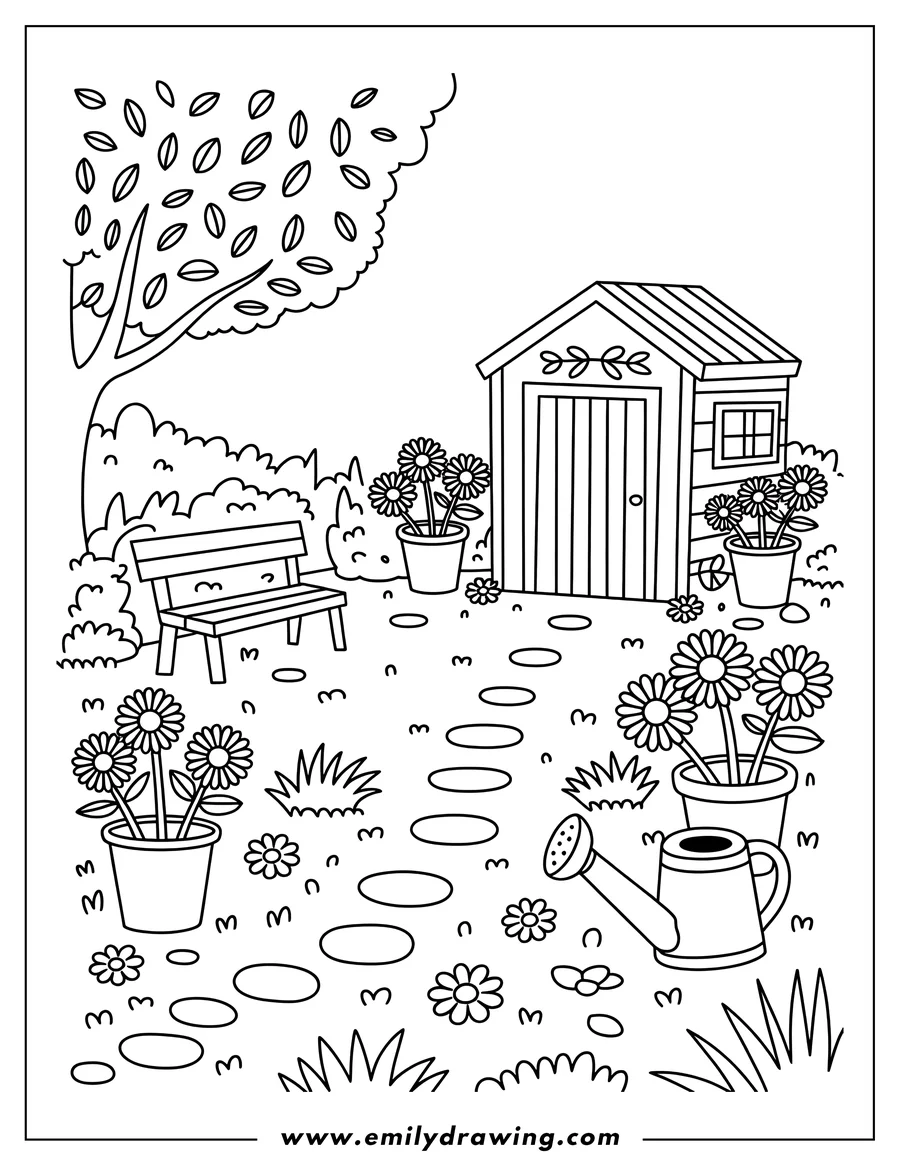 Outline of a garden scene with a small shed, a wooden bench, potted flowers, a tree, and a path of stepping stones leading through grass with scattered small flowers and a watering can.