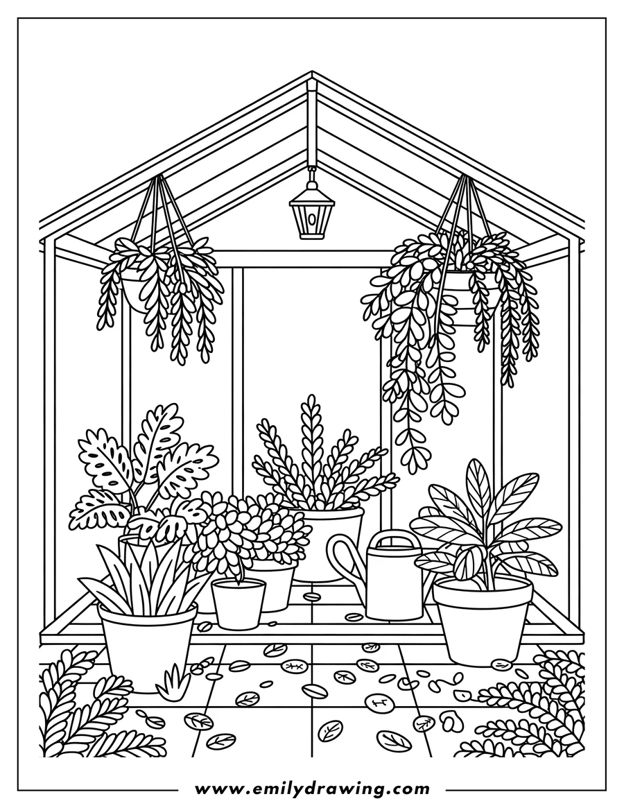 Outline of a garden shed filled with various potted plants and hanging plants, along with a watering can on the floor.