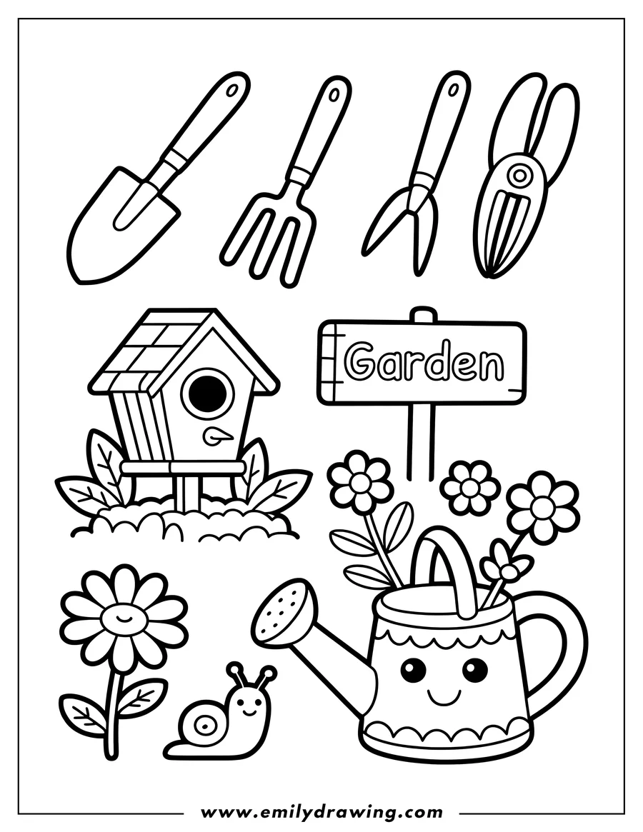 Line art of various garden items including a shovel, rake, trowel, pruners, birdhouse, garden sign, a smiling watering can with flowers, a single flower, and a snail.