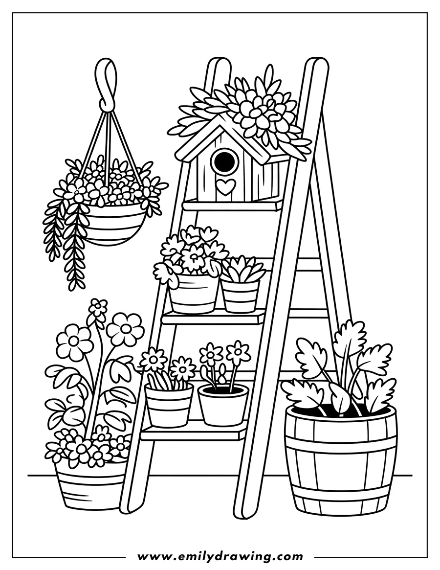 Line art of a garden scene with a ladder shelf holding potted flowers and a birdhouse, a hanging basket with flowers, and a large wooden barrel planter