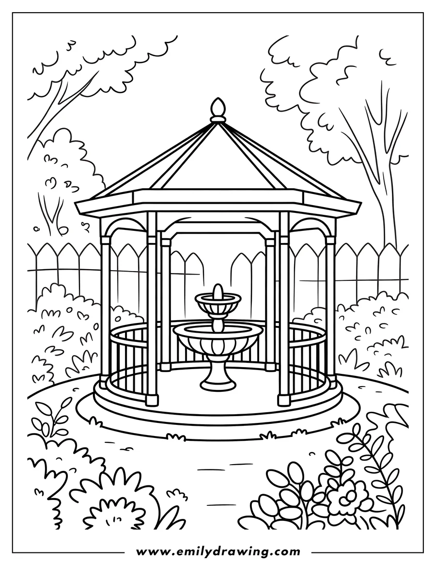 Line art of a garden gazebo with a two-tiered fountain inside, surrounded by trees, bushes, and a picket fence.