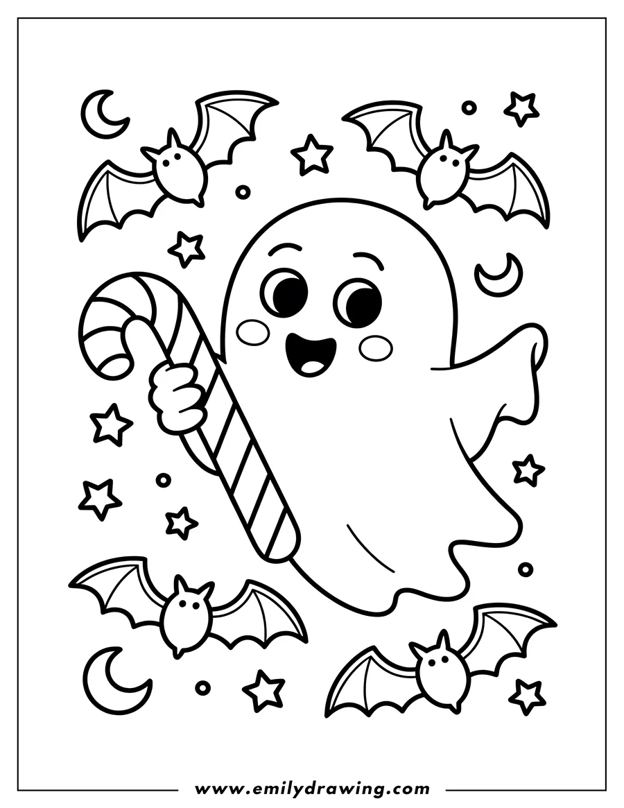 Outline of a friendly ghost holding a large candy cane, surrounded by bats, stars, and crescent moons.