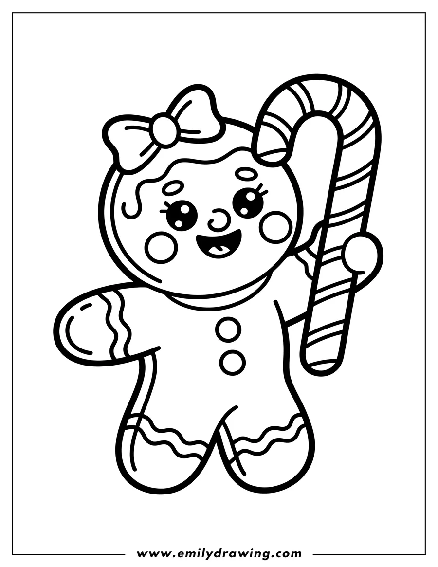 Line art of a gingerbread girl holding a candy cane. She has a bow on her head and two buttons on her dress.