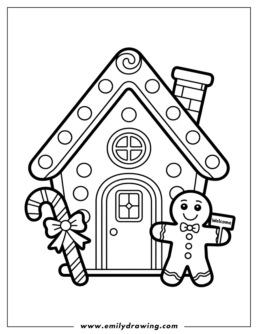 Outline of a gingerbread house with a gingerbread man holding a welcome sign and a candy cane with a bow.