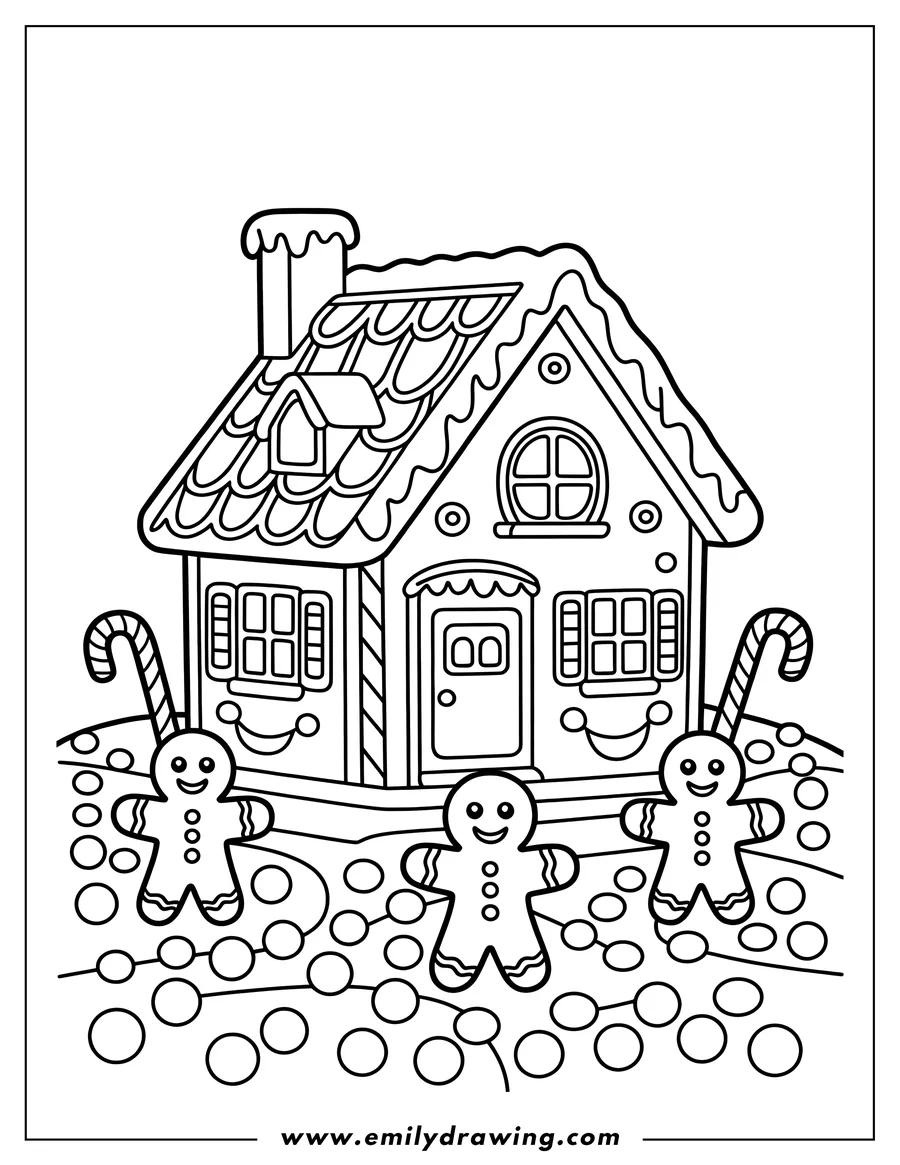 Line art of a gingerbread house with candy cane decorations and three gingerbread men