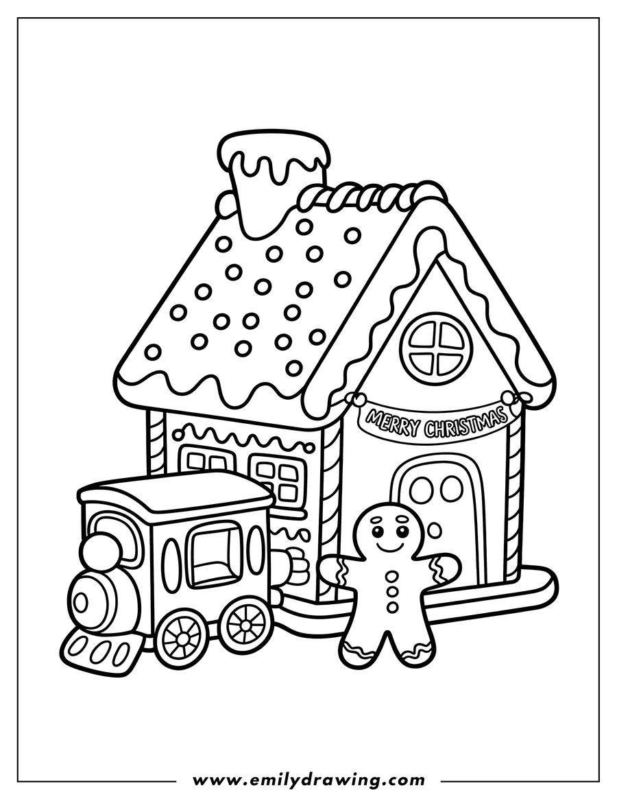 Line art of a gingerbread house and a gingerbread train. A gingerbread man stands nearby.