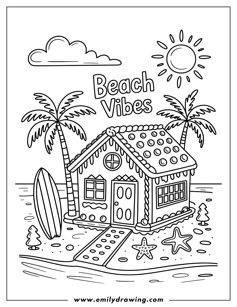 Line art of a gingerbread house on a sunny beach, complete with palm trees, a surfboard, and starfish.