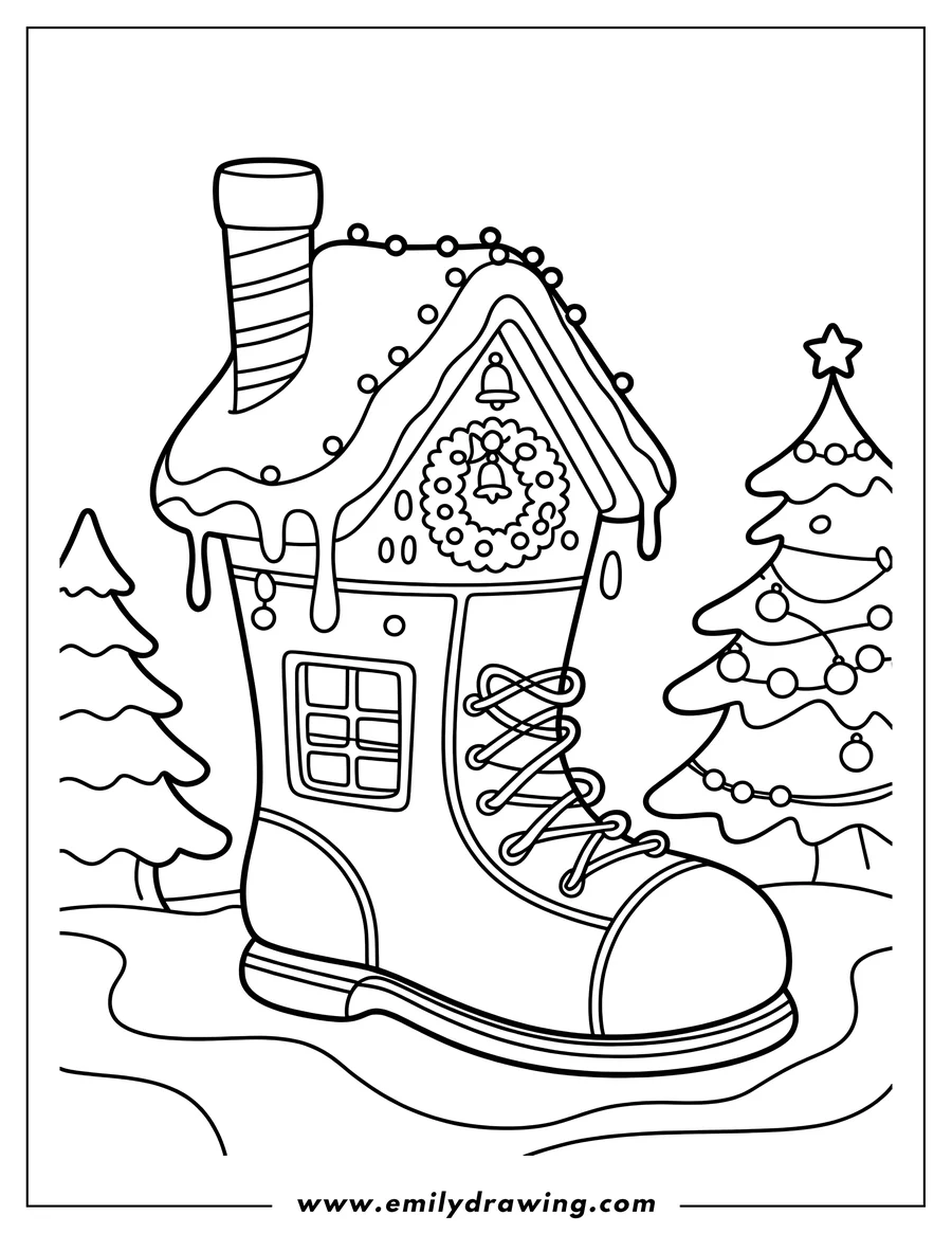 Line art of a gingerbread house shaped like a boot, decorated with icing, a wreath, and a chimney, next to a decorated Christmas tree.