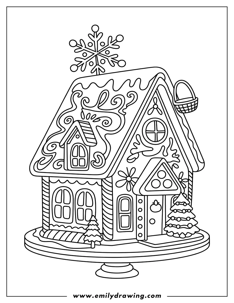 Line art of a gingerbread house decorated with icing swirls, sitting on a cake stand with a Christmas tree beside it and a large snowflake on top.