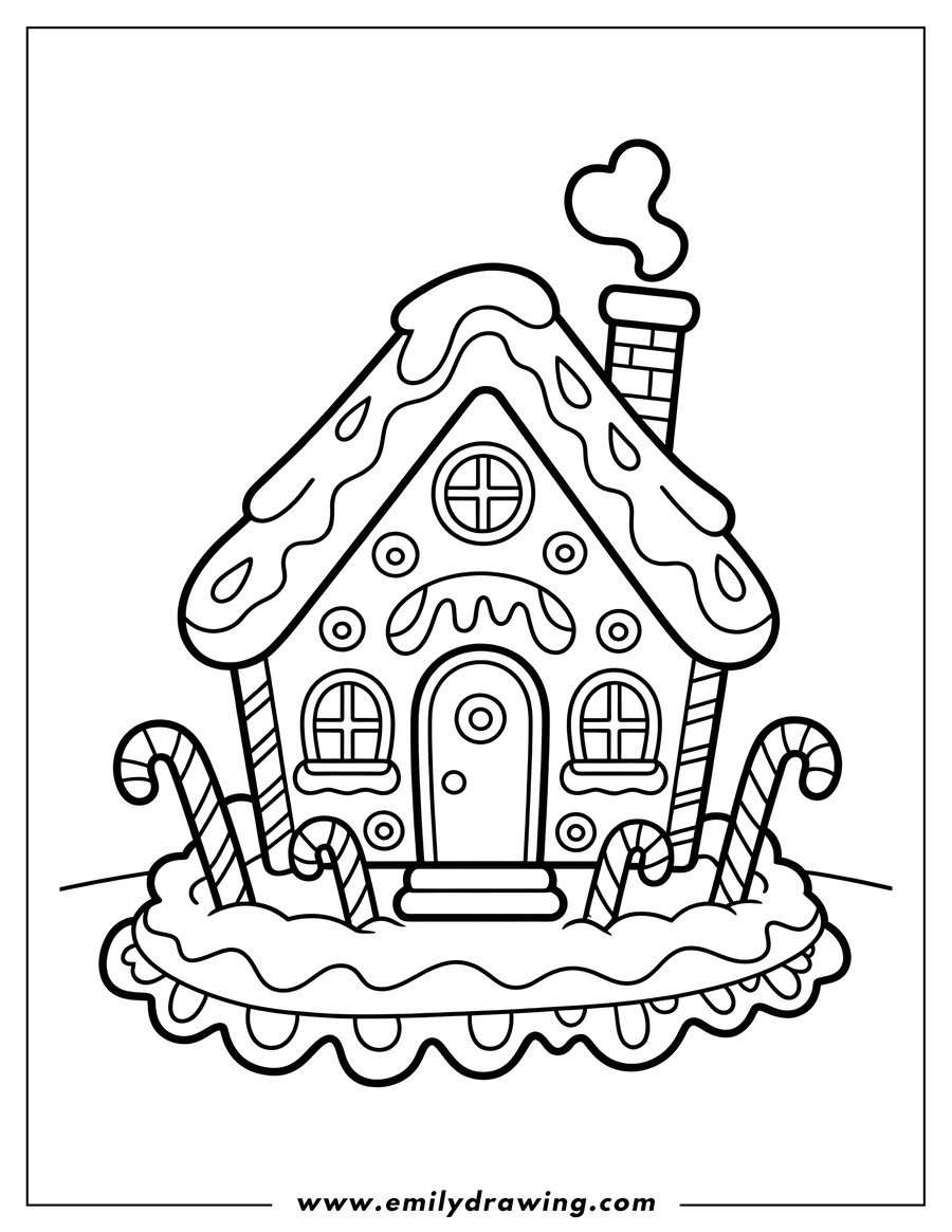 Outline of a gingerbread house decorated with icing, candy canes, and a smoking chimney.