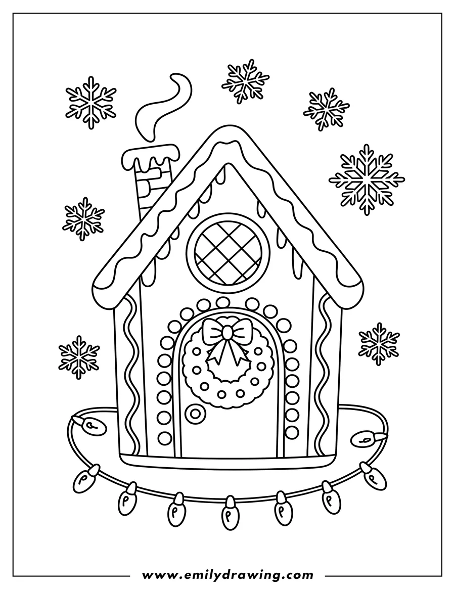 Outline of a gingerbread house decorated with a wreath and surrounded by Christmas lights and snowflakes.