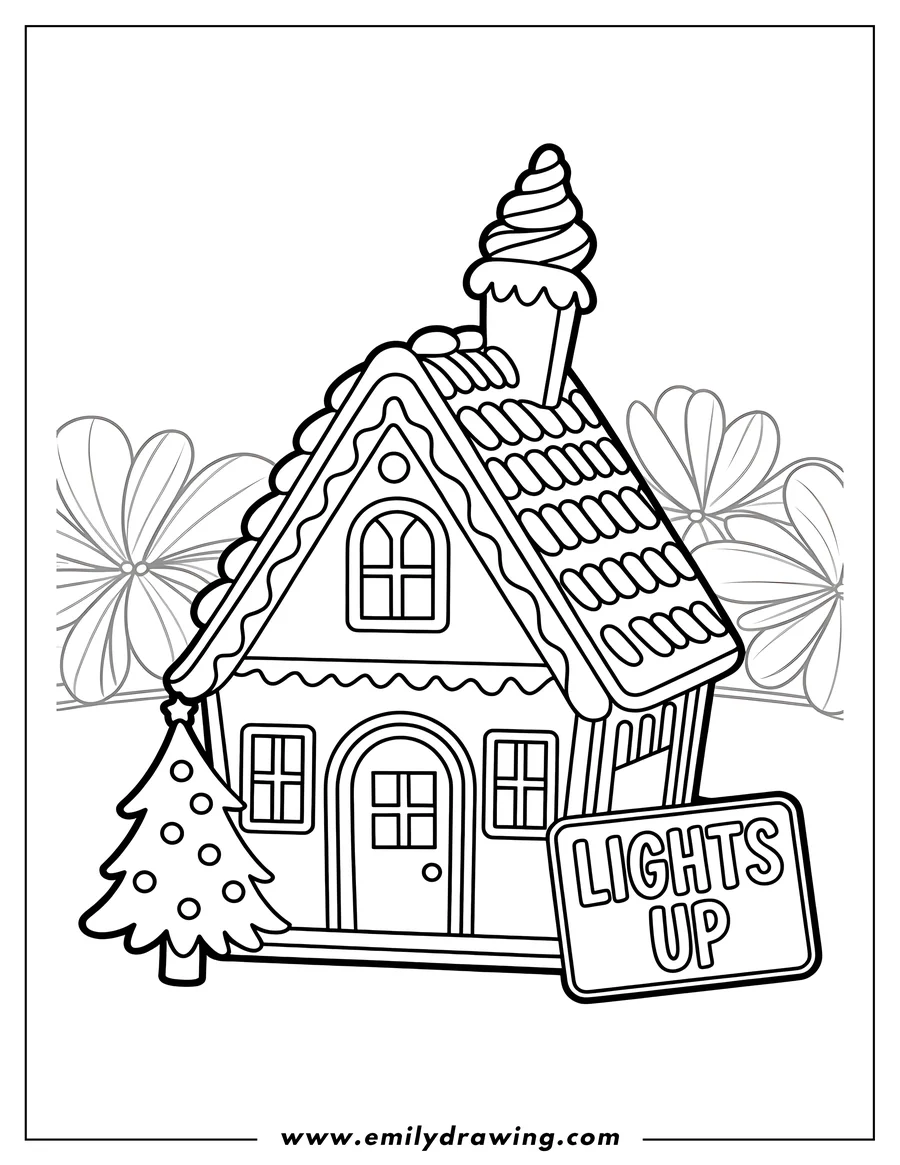 Outline of a gingerbread house with candy decorations and a Christmas tree beside it.