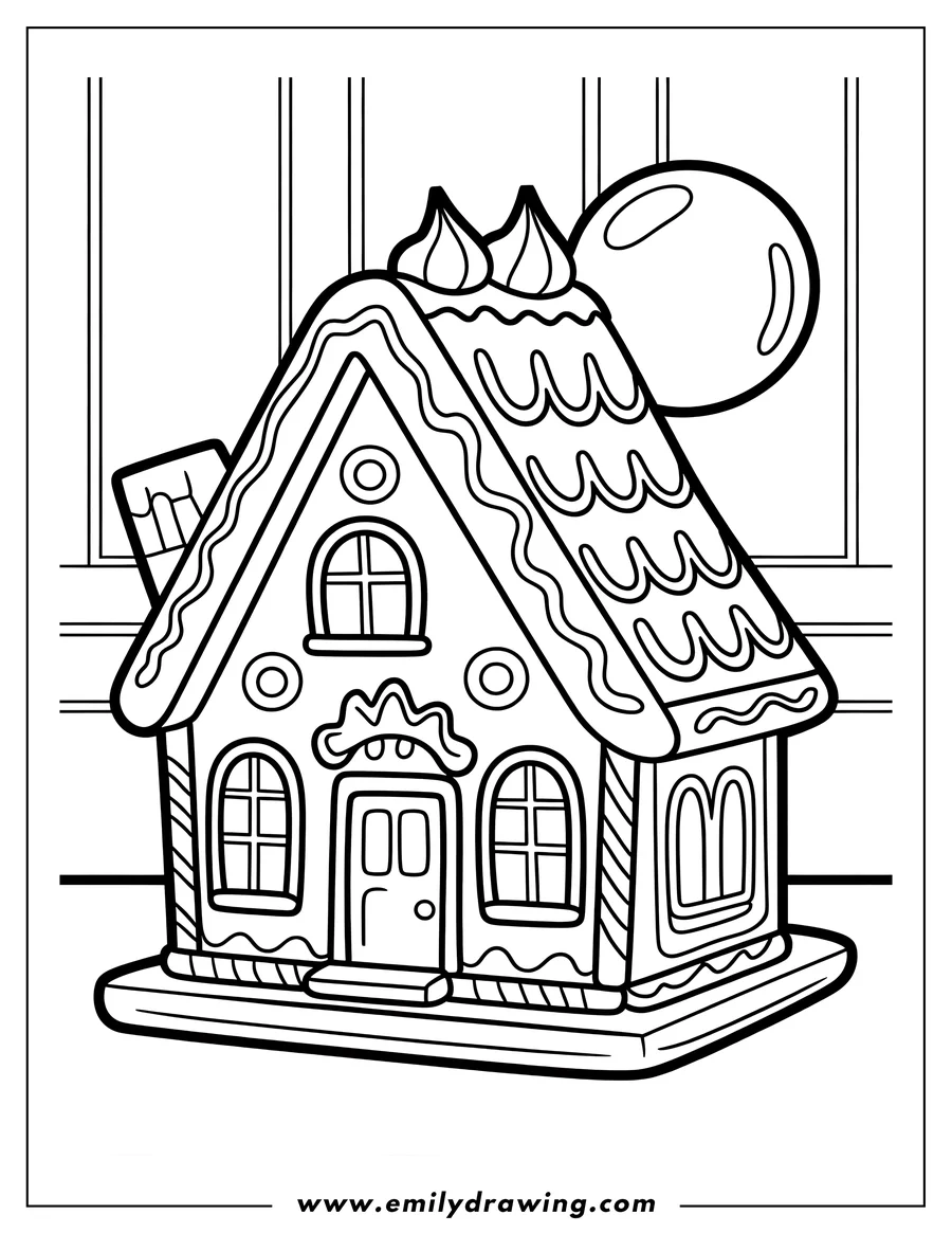 Line art of a gingerbread house with candy decorations and gumdrops on the roof.