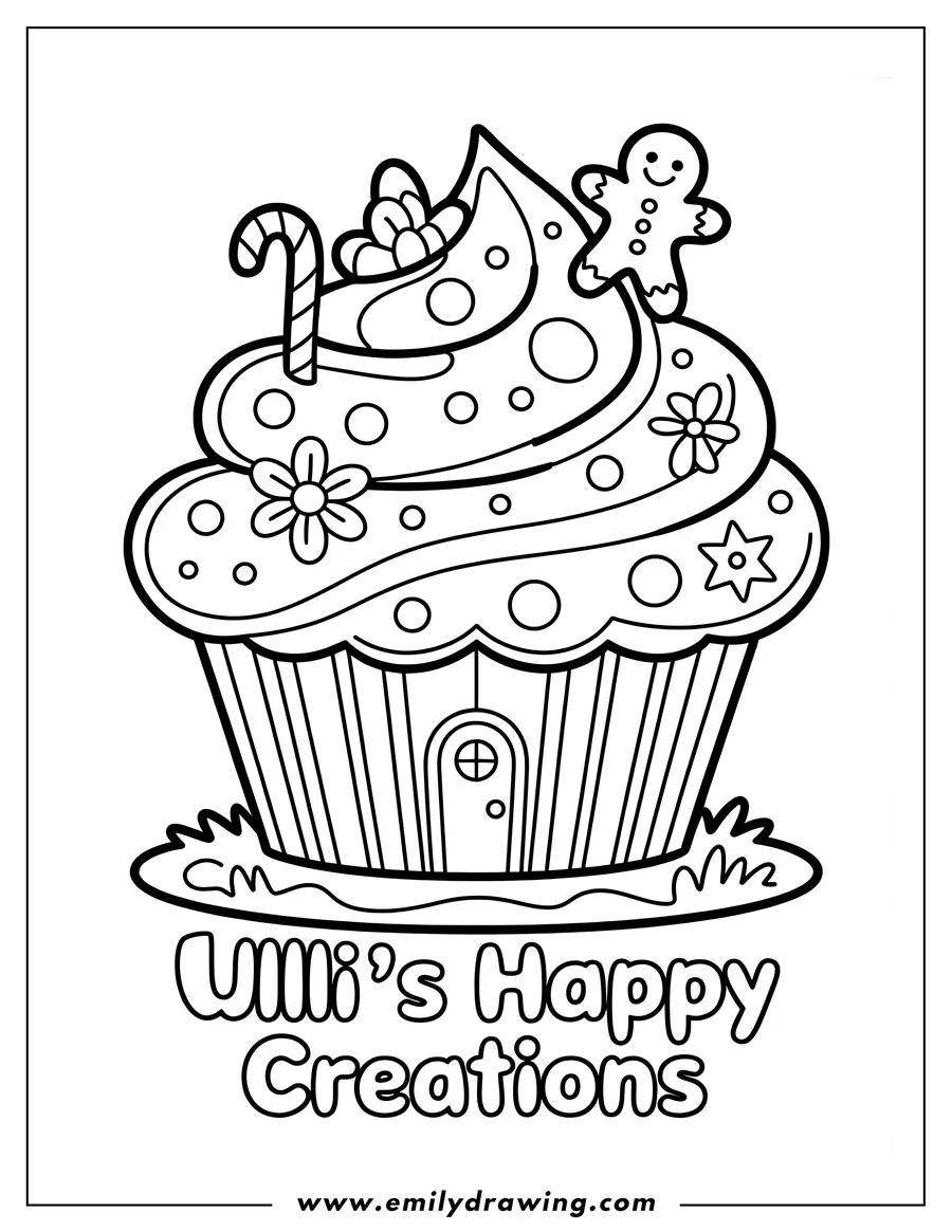 Outline of a gingerbread house shaped like a cupcake, decorated with frosting, candy cane, gumdrops, and a gingerbread man on top.