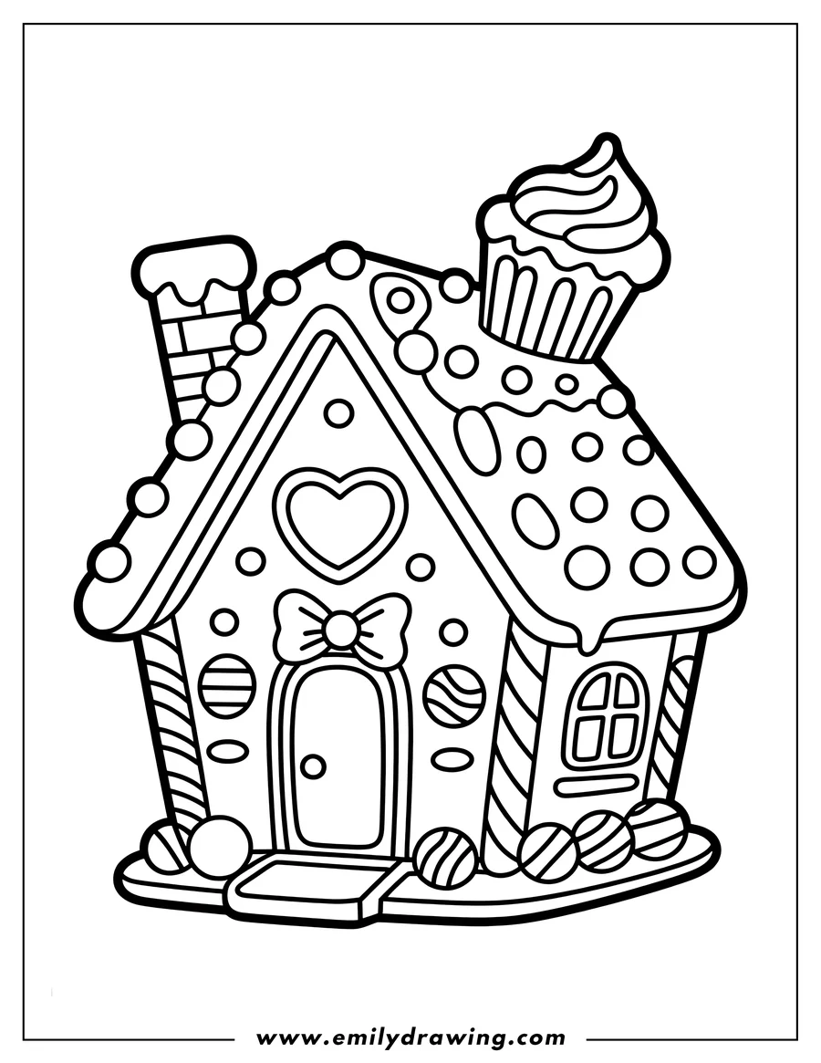 Outline of a gingerbread house with a cupcake on its roof, decorated with candy canes, gumdrops, and icing details.