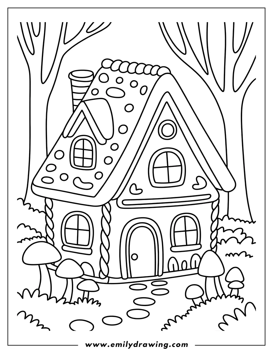 Line art of a gingerbread house in a forest setting, with mushrooms and trees around it.