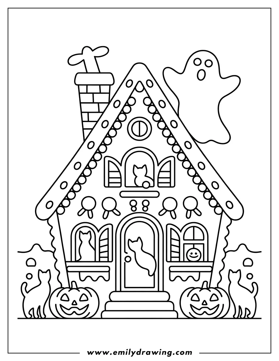 Line art of a gingerbread house with a friendly ghost floating above. Decorated with icing, candy, and pumpkins. Black cats are visible in the windows and yard.