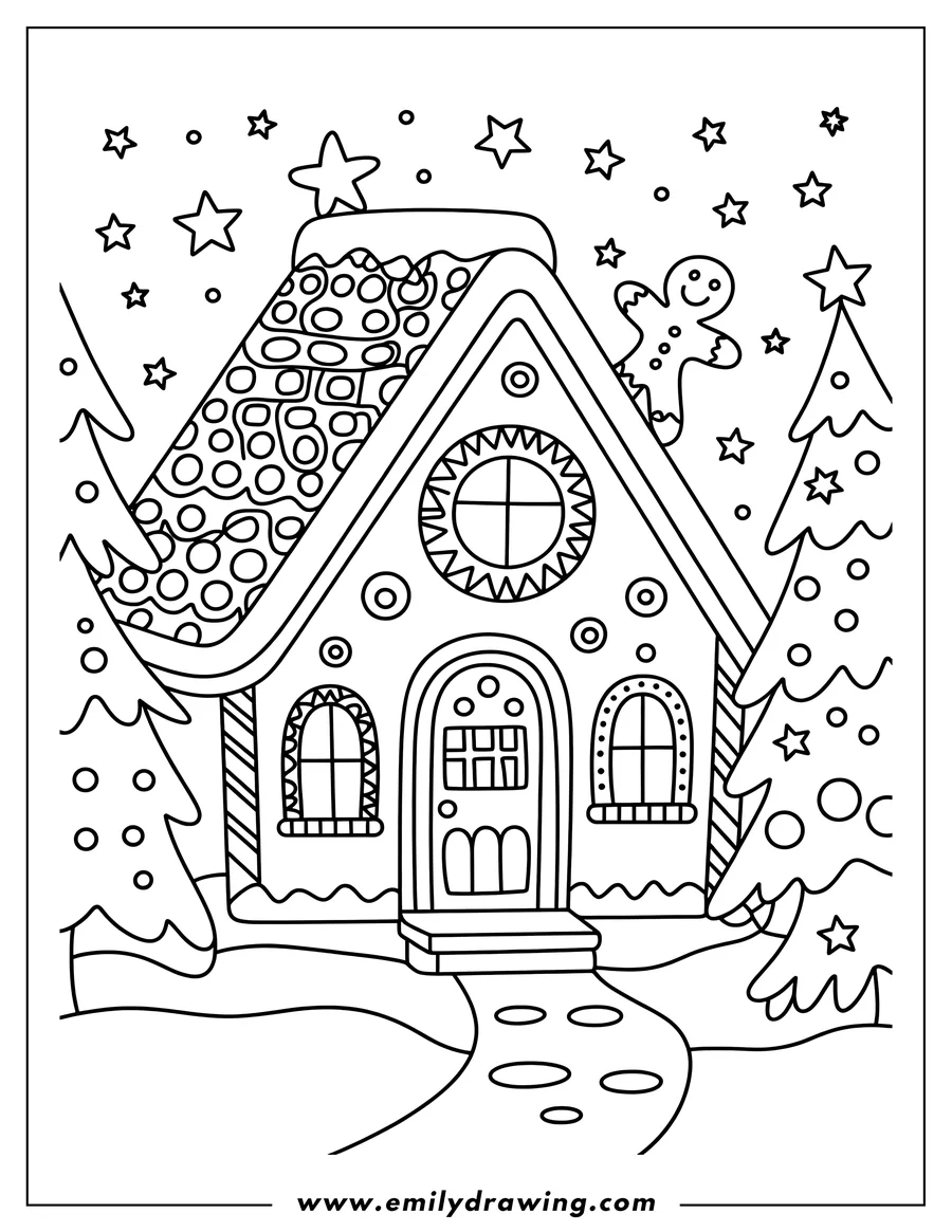 Outline of a gingerbread house with a gingerbread man on the roof, candy cane pillars, and decorated Christmas trees on either side.