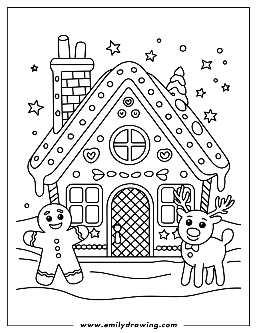Line art of a gingerbread house with candy decorations, a gingerbread man, and a reindeer.