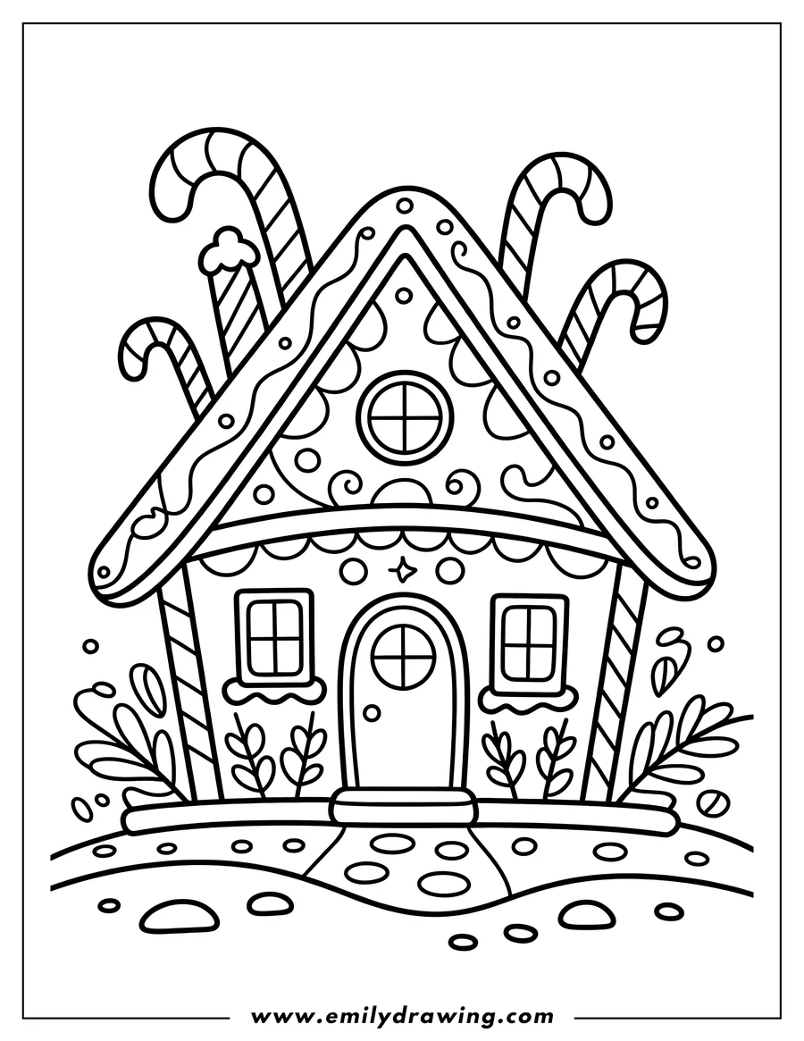 Line art of a gingerbread house on a small hill, decorated with candy cane pillars and icing swirls.