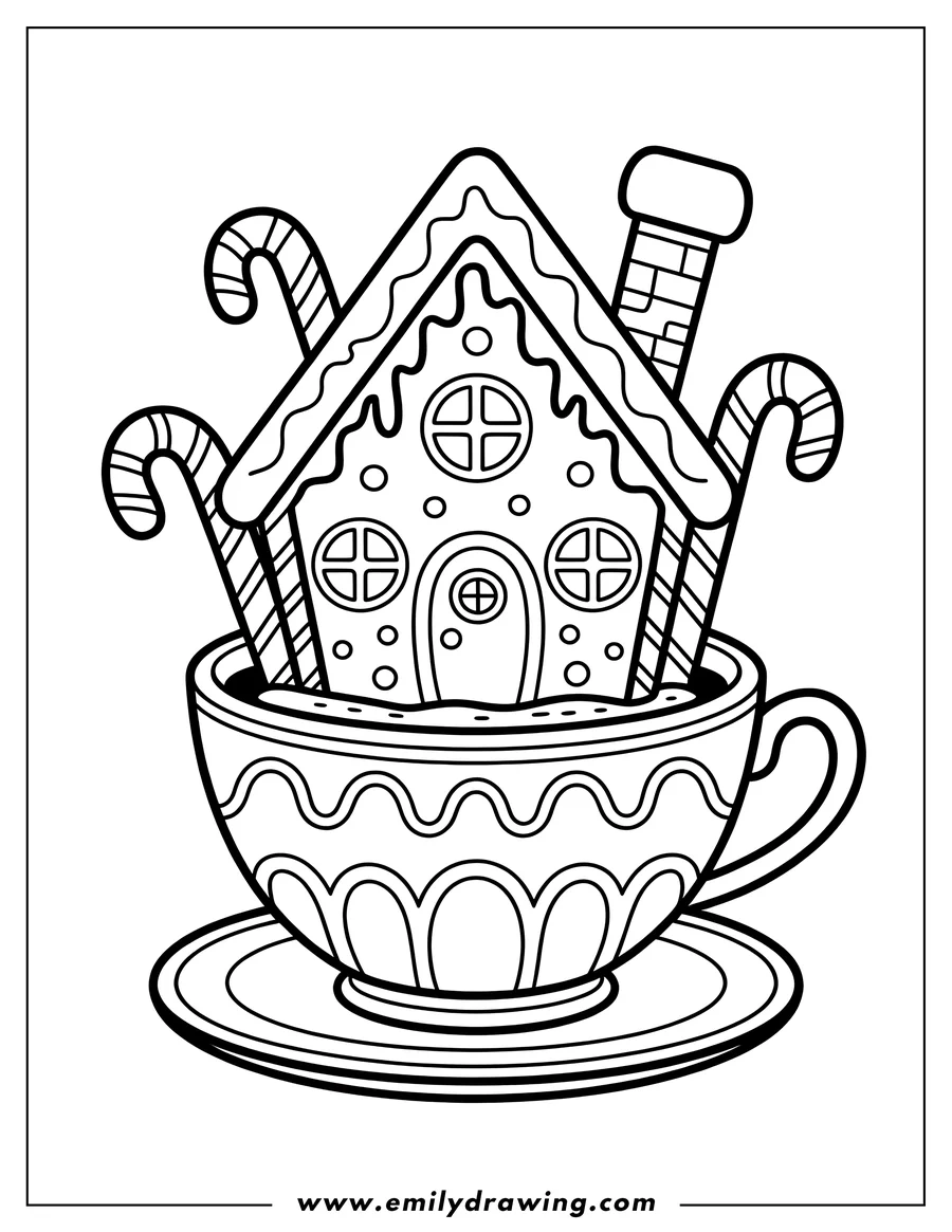 Outline of a gingerbread house in a cup with candy canes.