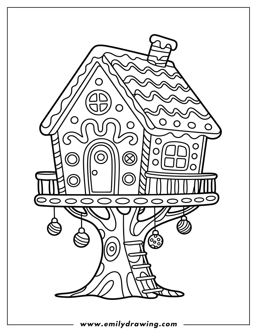 Line art of a gingerbread house nestled in a decorated tree, complete with ornaments and a ladder.