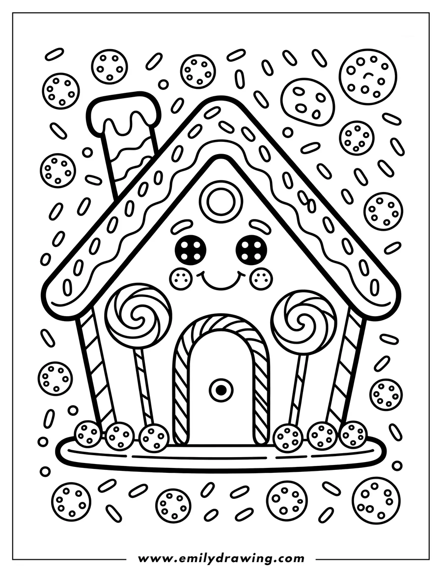 Outline of a cute gingerbread house with two lollipops, decorated with icing, sprinkles, and cookies.