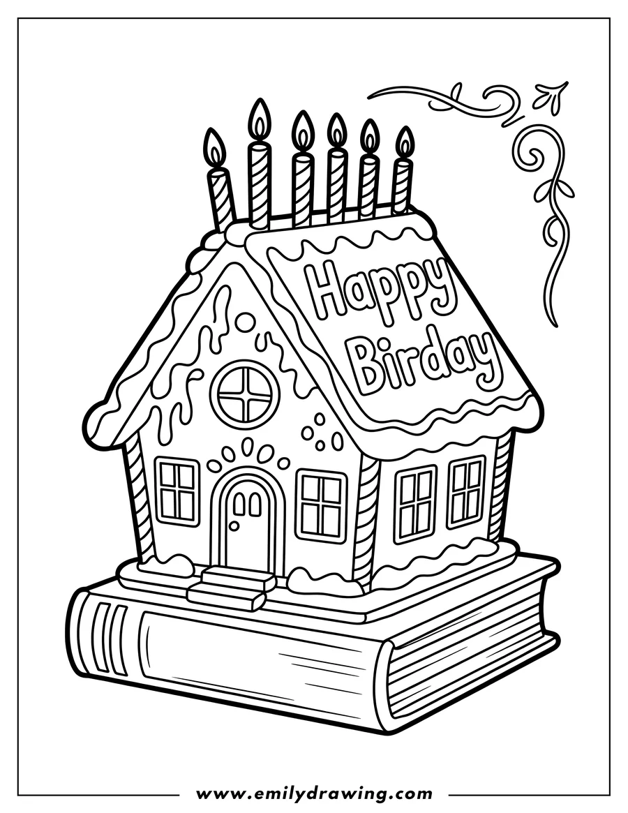 Outline of a gingerbread house with birthday candles on top of a closed book.