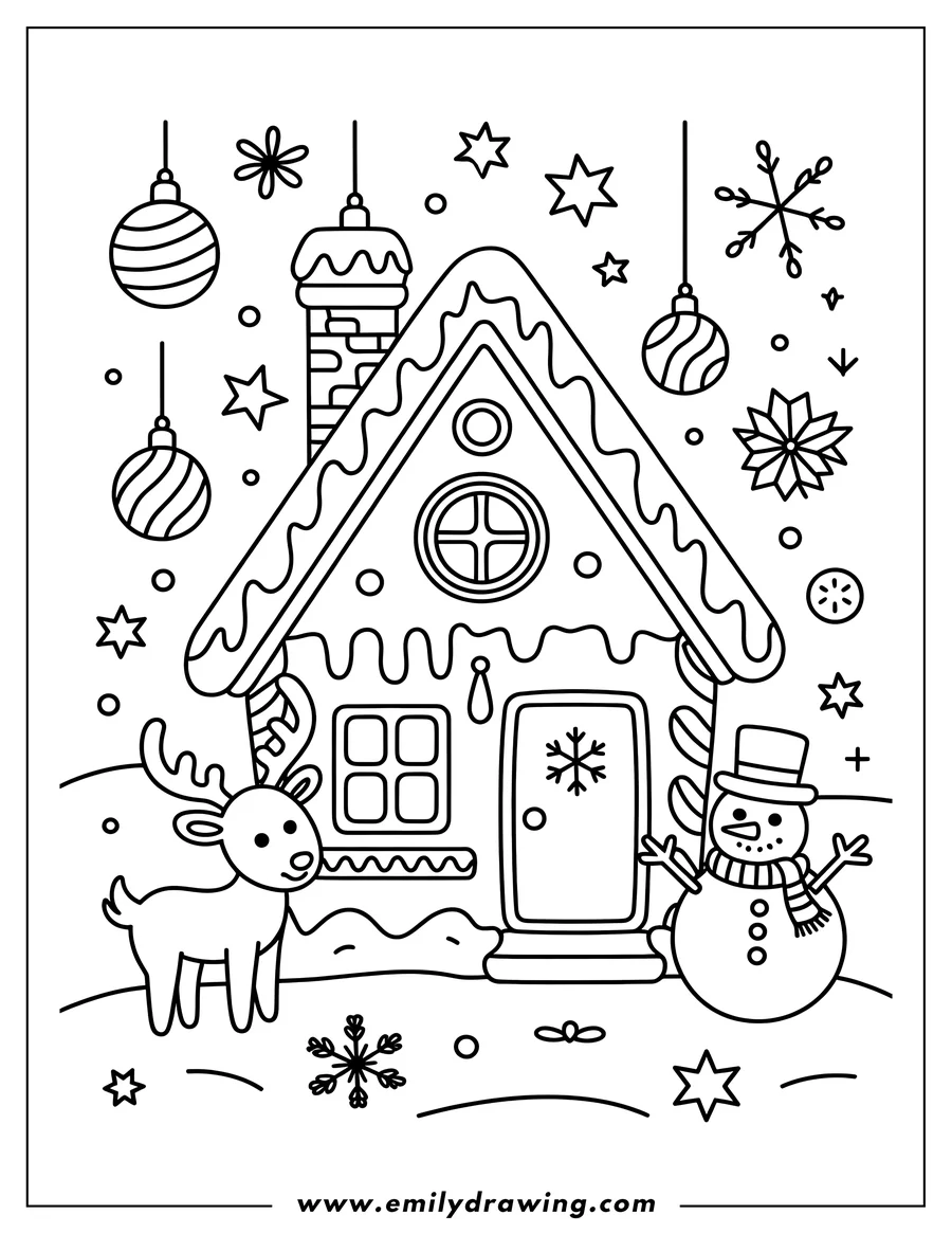 Outline of a gingerbread house with icing and candy decorations. A reindeer stands on one side and a snowman on the other. Christmas ornaments, stars, and snowflakes decorate the scene.