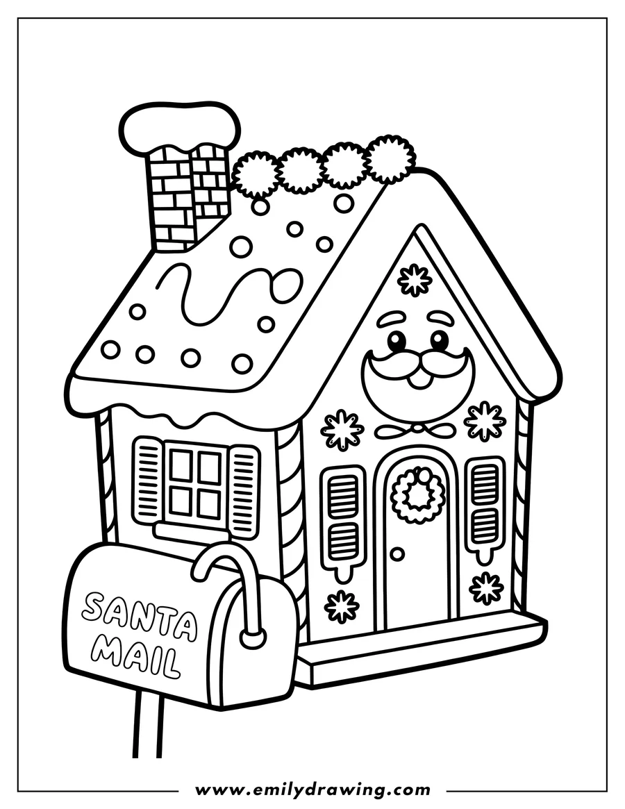 Outline of a gingerbread house decorated with icing, candy, and a wreath on the door, accompanied by a mailbox labeled 'Santa Mail'