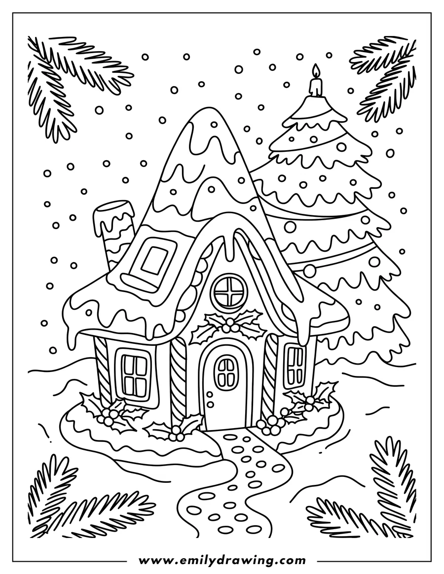 Outline of a gingerbread house with icing details, a decorated Christmas tree with a candle, and holly sprigs in a snowy landscape.