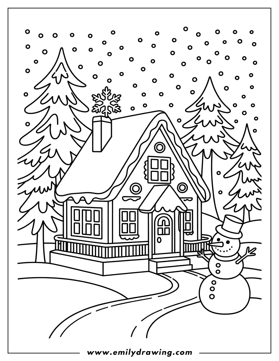 Outline of a gingerbread house in a snowy landscape with a snowman and pine trees