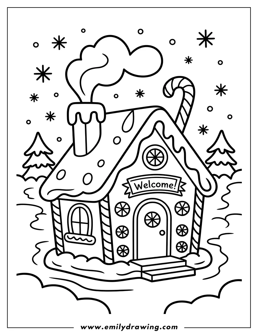 Outline of a gingerbread house in a snowy winter setting.  The house has candy cane details, gumdrop decorations, and a 'Welcome' banner.