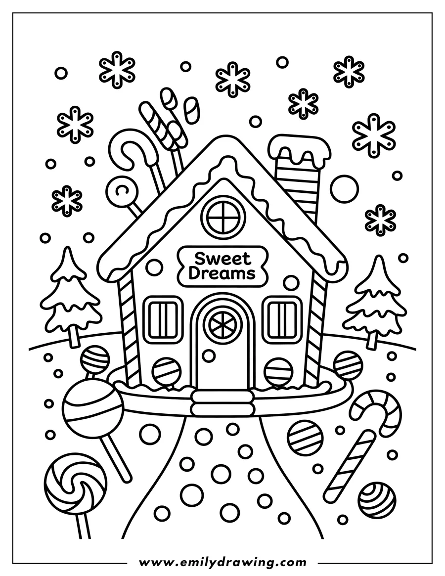Outline of a gingerbread house decorated with frosting and candy canes. Christmas trees and falling snow create a winter wonderland scene.