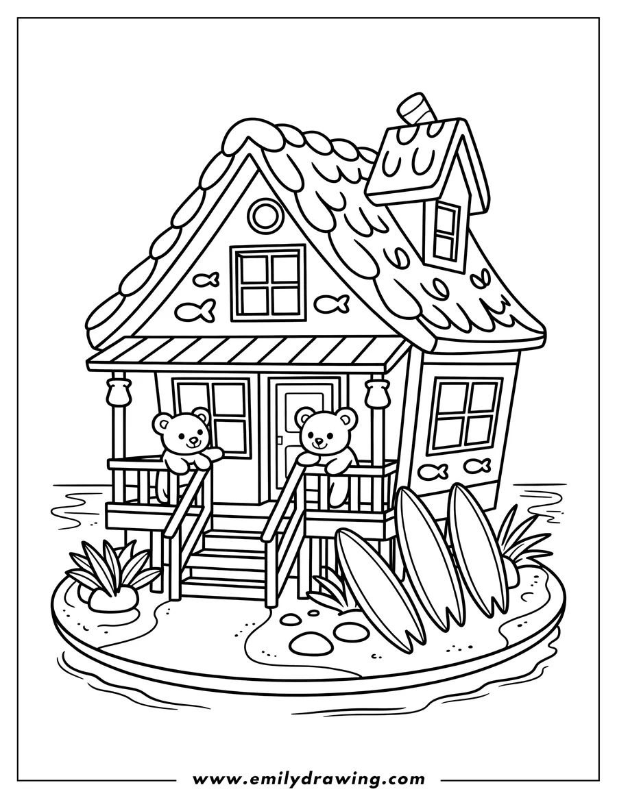 Line art of a gingerbread house with two teddy bears on the porch and surfboards by the house.