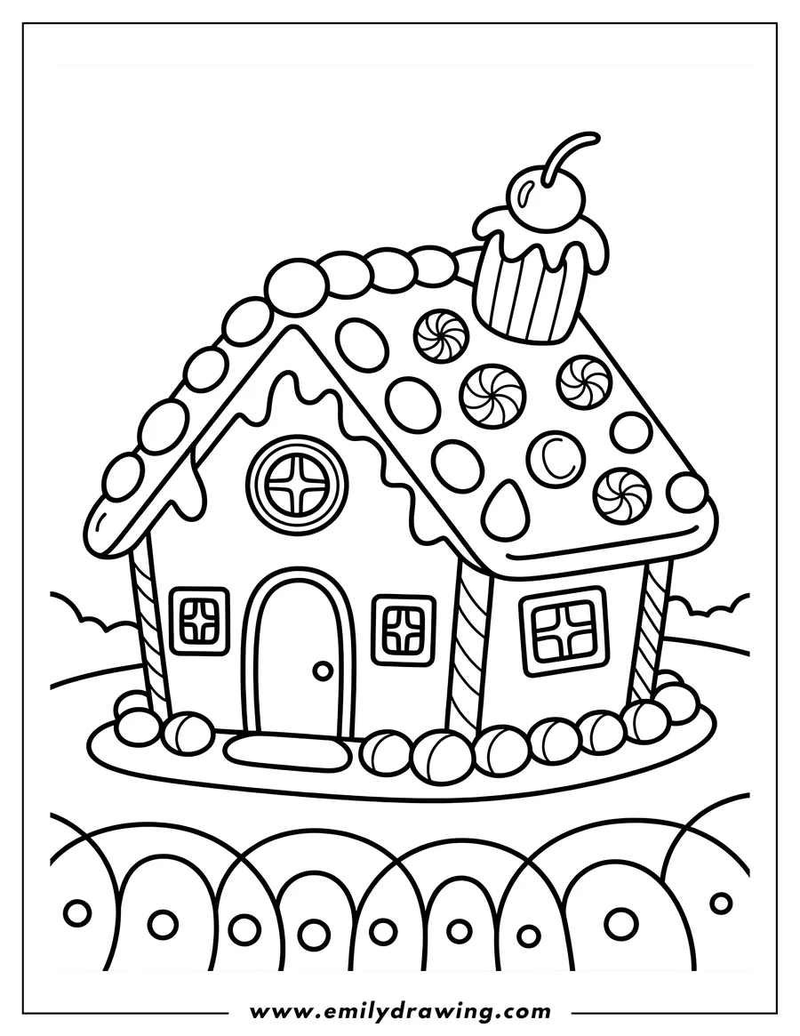 Outline of a gingerbread house with candy decorations and a cupcake on the roof