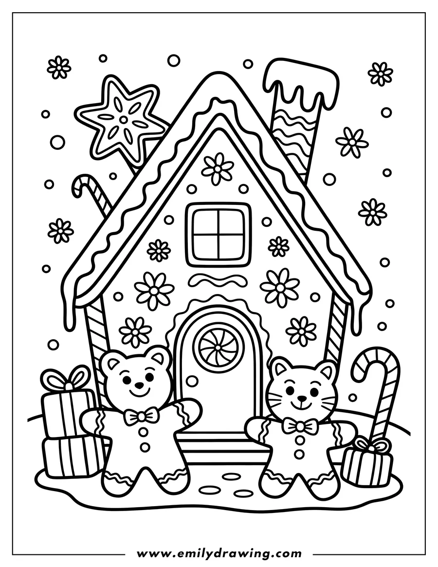 Line art of a gingerbread house with candy cane decorations, a gingerbread bear, a gingerbread cat, and presents. Perfect for a festive coloring activity.
