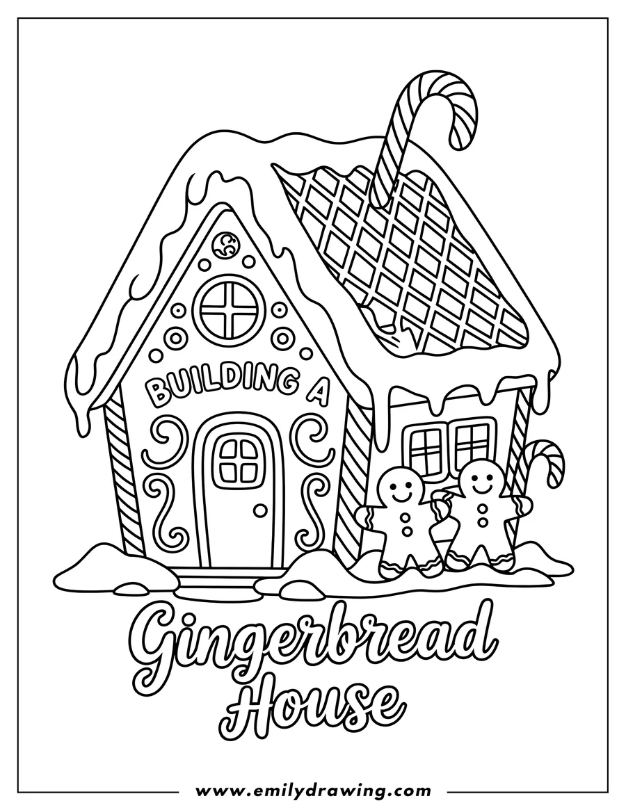 Outline of a gingerbread house decorated with candy canes and icing on the roof, with two gingerbread men standing in front