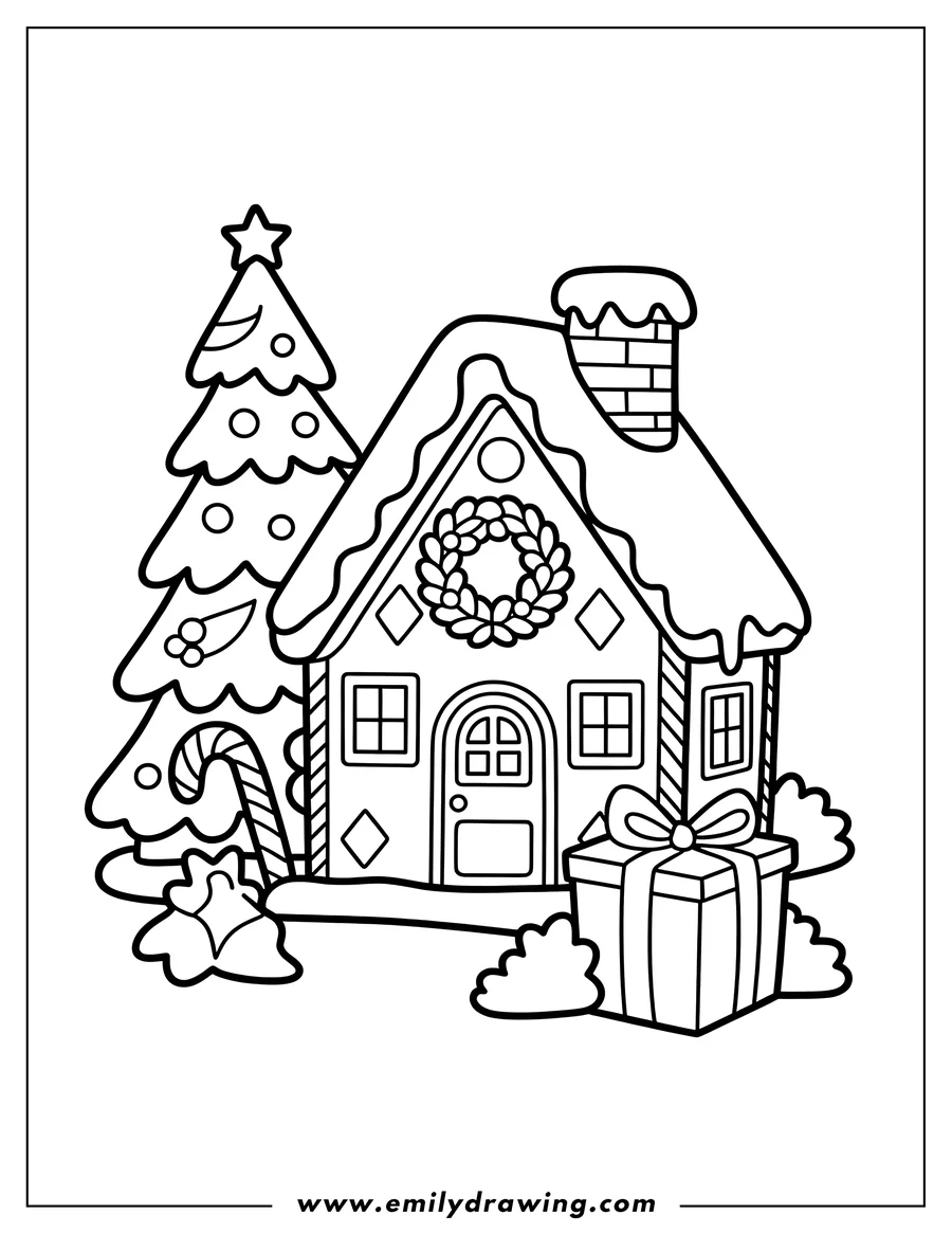 Outline of a gingerbread house with a present, Christmas tree, and candy cane decorations.