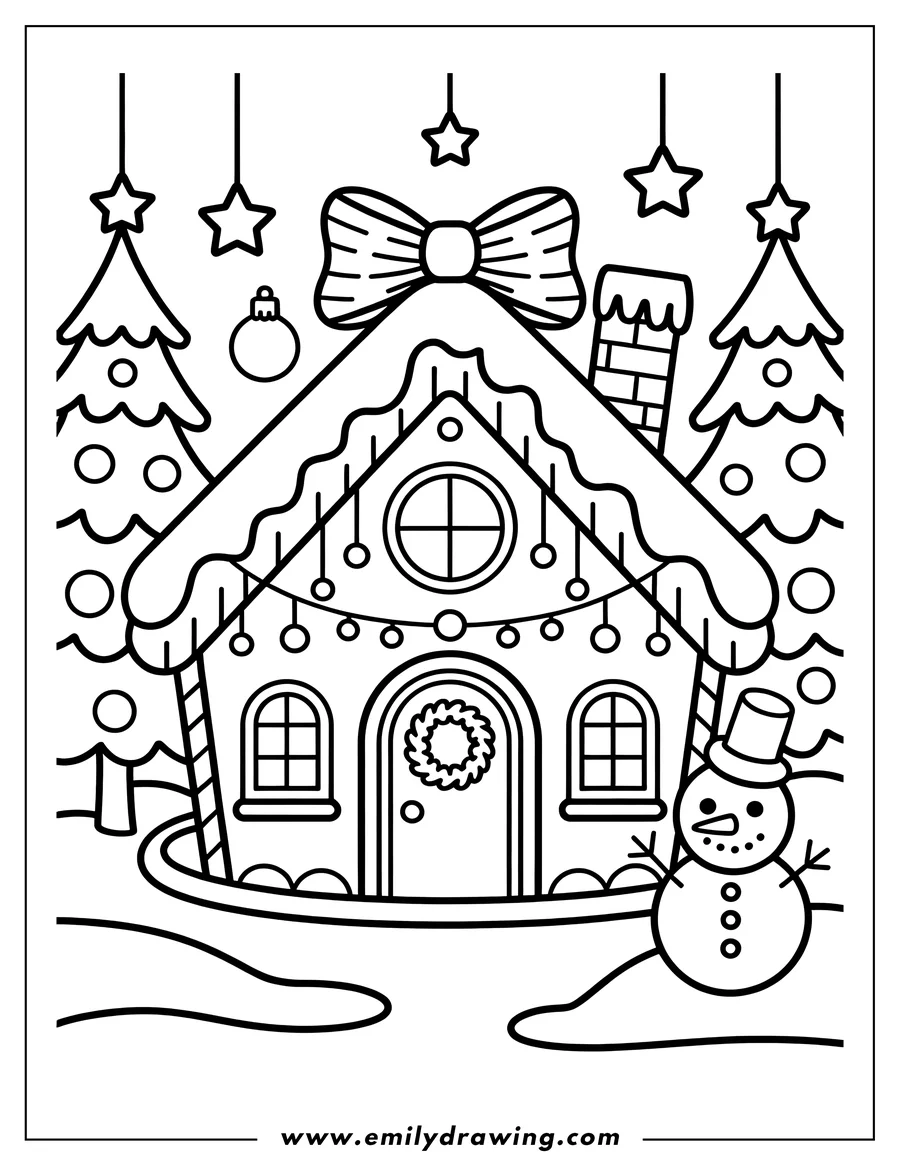 Outline of a gingerbread house decorated with a bow, lights, and a wreath, with a snowman standing outside and Christmas trees in the background.