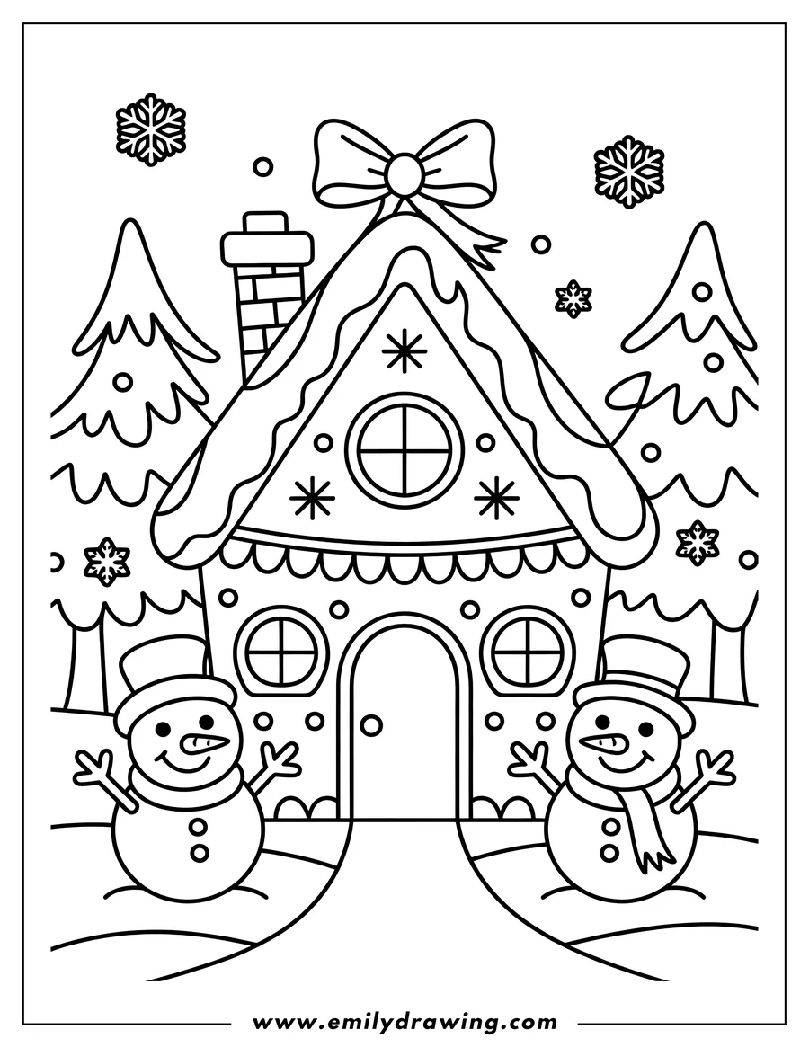 Outline of a gingerbread house with a bow on top, decorated with gumdrops and icing swirls, flanked by two cheerful snowmen in a snowy landscape with fir trees and snowflakes.