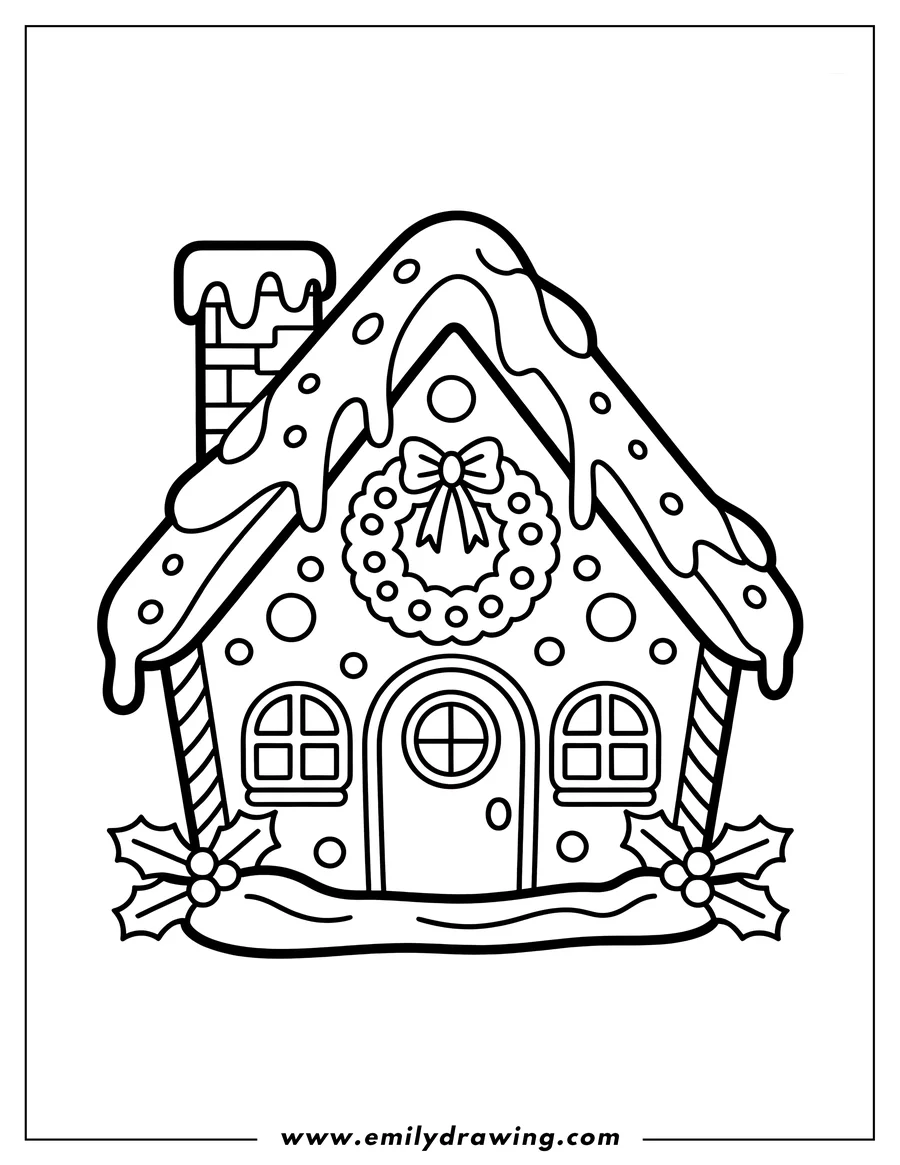 Outline of a gingerbread house with a wreath on the front, candy cane pillars, and frosting on the roof.  Holly sprigs decorate the base.