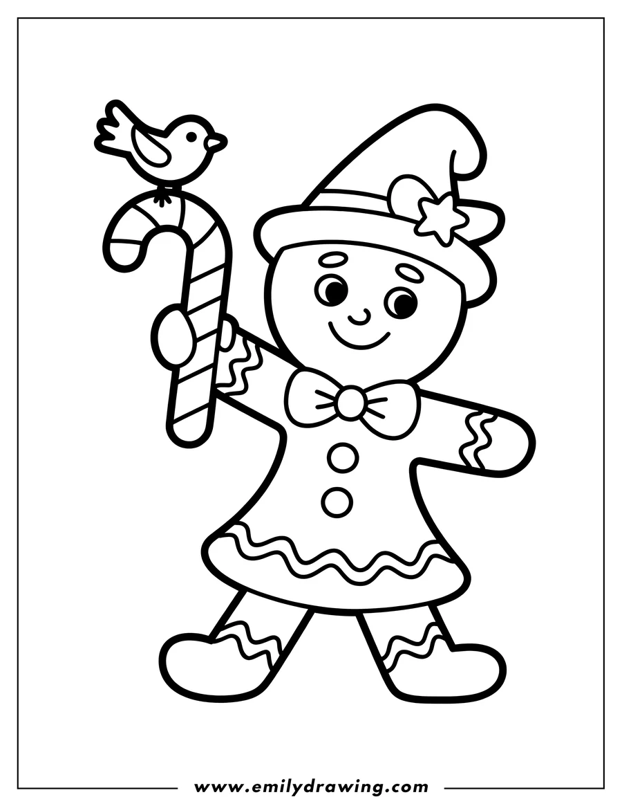 Outline of a gingerbread man holding a candy cane with a small bird perched on it.