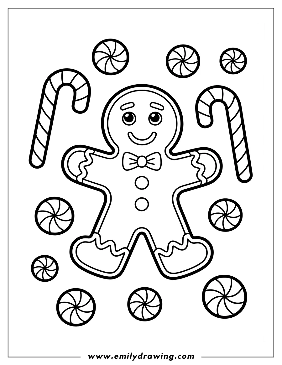 Outline of a gingerbread man with candy canes and peppermints surrounding him.