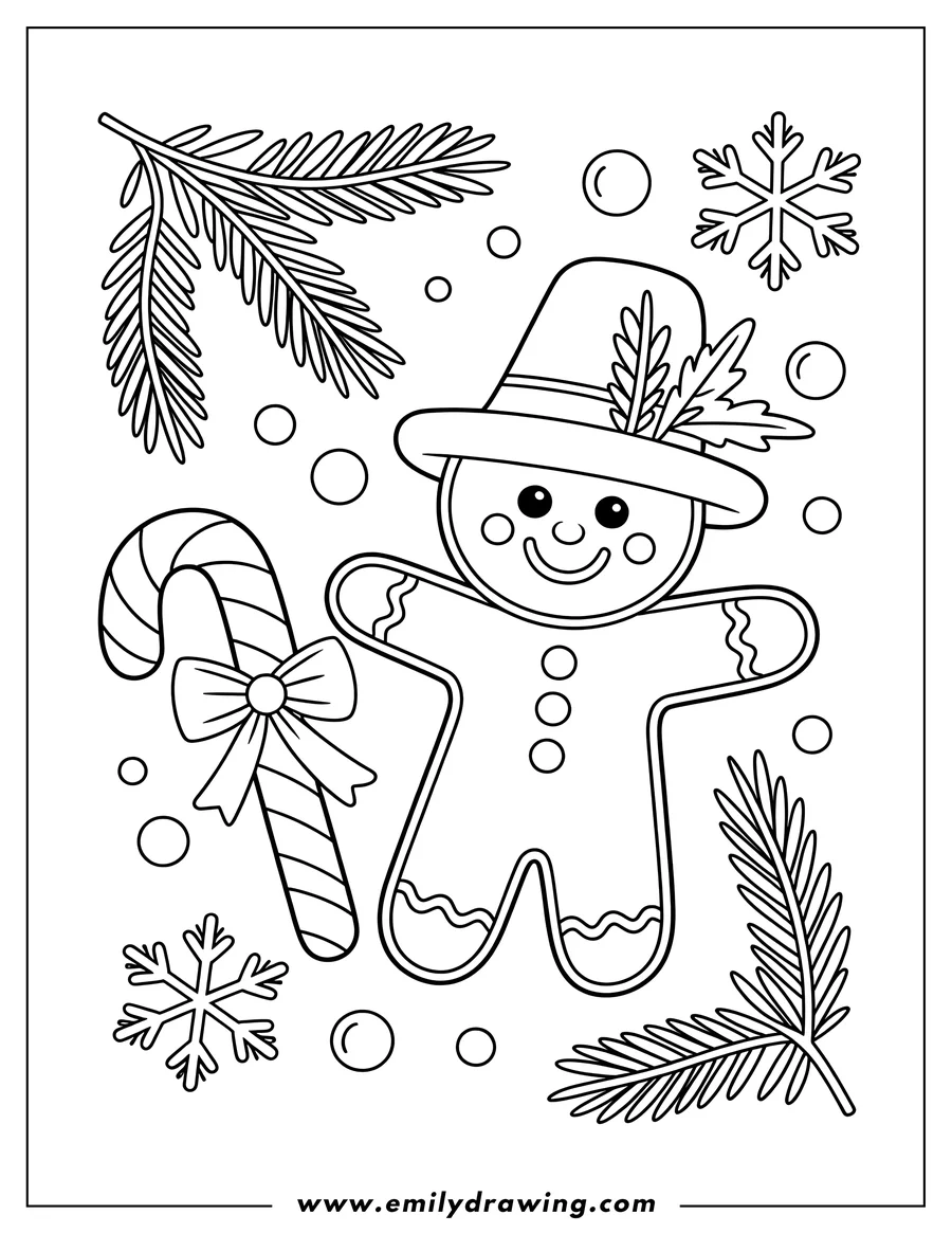 Line art of a gingerbread man with a festive hat next to a decorated candy cane, surrounded by snowflakes and fir branches.