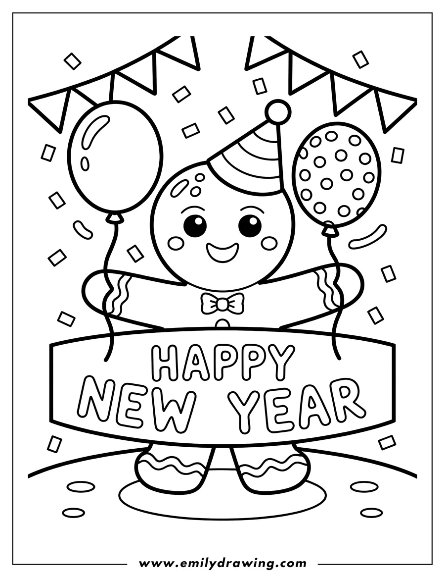 Outline of a smiling gingerbread man wearing a party hat, holding two balloons, and a banner that says 'HAPPY NEW YEAR', with confetti and bunting around him.