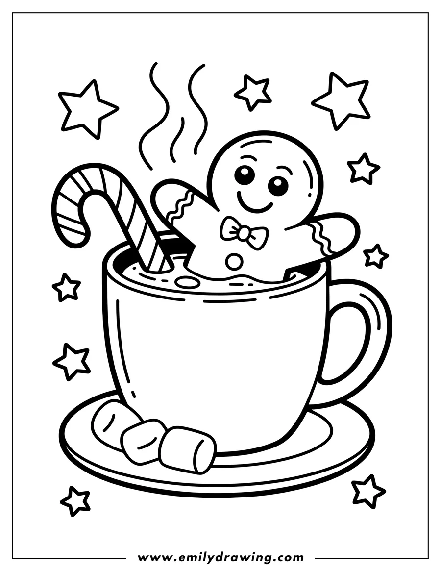 Outline of a gingerbread man in a mug of hot cocoa with a candy cane, marshmallows, and steam rising. Several stars decorate the background.