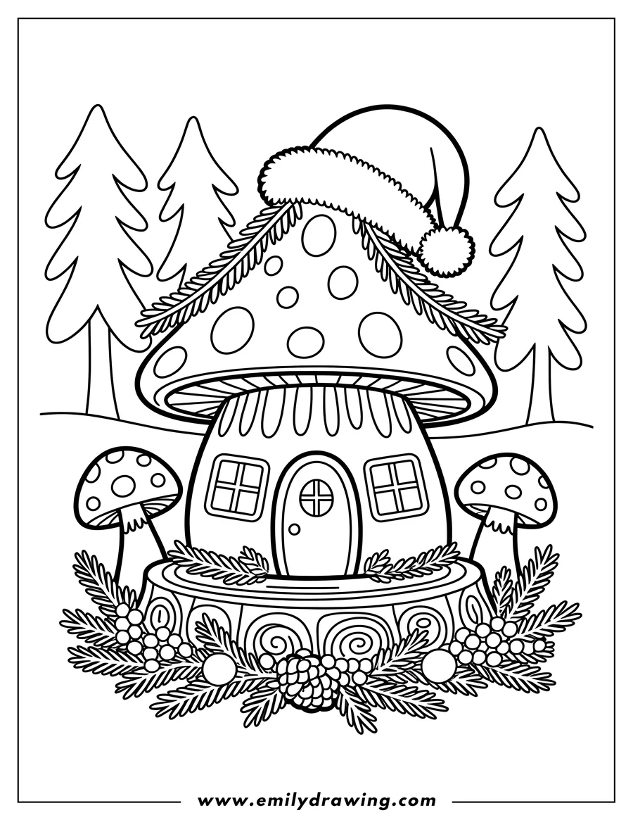 Line art of a gingerbread mushroom house decorated with a Santa hat, pine boughs, and berries, set against a backdrop of stylized trees. Two other smaller mushrooms flank the house.